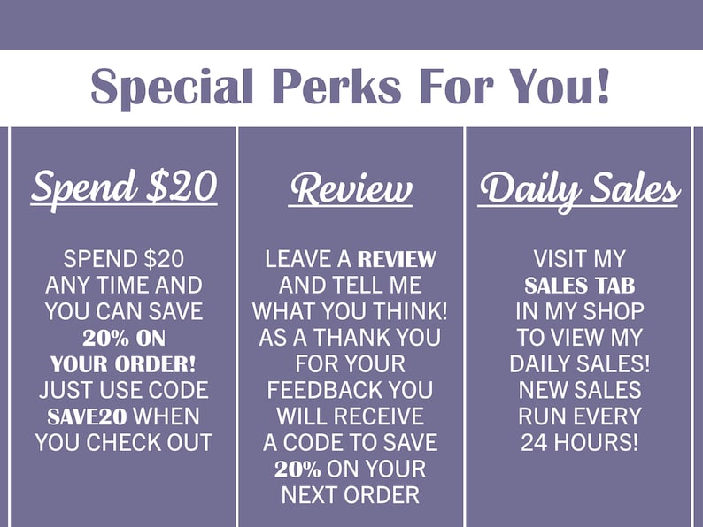 May include: A graphic with the text "Special Perks For You!" in white on a purple background. The graphic is divided into three sections: "Spend $20," "Review," and "Daily Sales," each with additional text detailing offers.