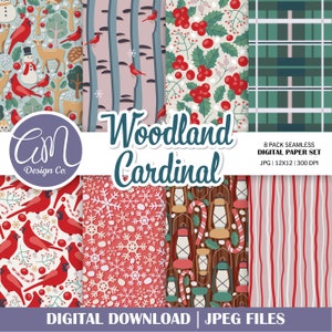 May include: A digital paper pack with 8 seamless patterns featuring woodland and winter themes. The patterns include cardinals, snowflakes, holly, lanterns, candy canes, and plaid. The text "Woodland Cardinal" is displayed in a large font at the top of the image. The text "8 Pack Seamless Digital Paper Set" is displayed in a smaller font below the title. The text "JPG | 12X12 | 300 DPI" is displayed in an even smaller font below the previous text. The text "DIGITAL DOWNLOAD | JPEG FILES" is displayed at the bottom of the image.