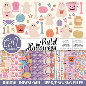 Leuk digitaal Halloween-papier, pastel Halloween-clipartset, Ghost Pumpkin Spider Naadloos, Commercieel gebruik, JPEG PNG SVG-bestanden