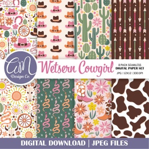 Westerse Cowgirl digitaal papier, Boho land naadloos patroon, Cactus Scrapbook papier, woestijn achtergrond, uitnodiging voor feest, commercieel gebruik