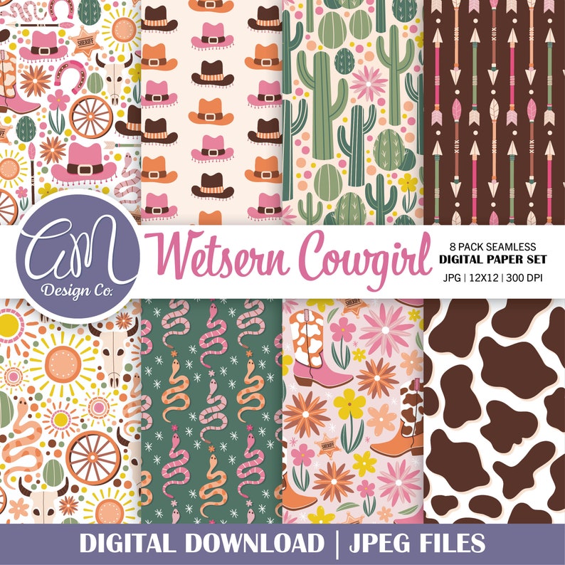 Western cowgirl digitaal papier, naadloos boho-landpatroon, cactusplakboekpapier, woestijnachtergrond, uitnodiging voor feest, commercieel gebruik afbeelding 1