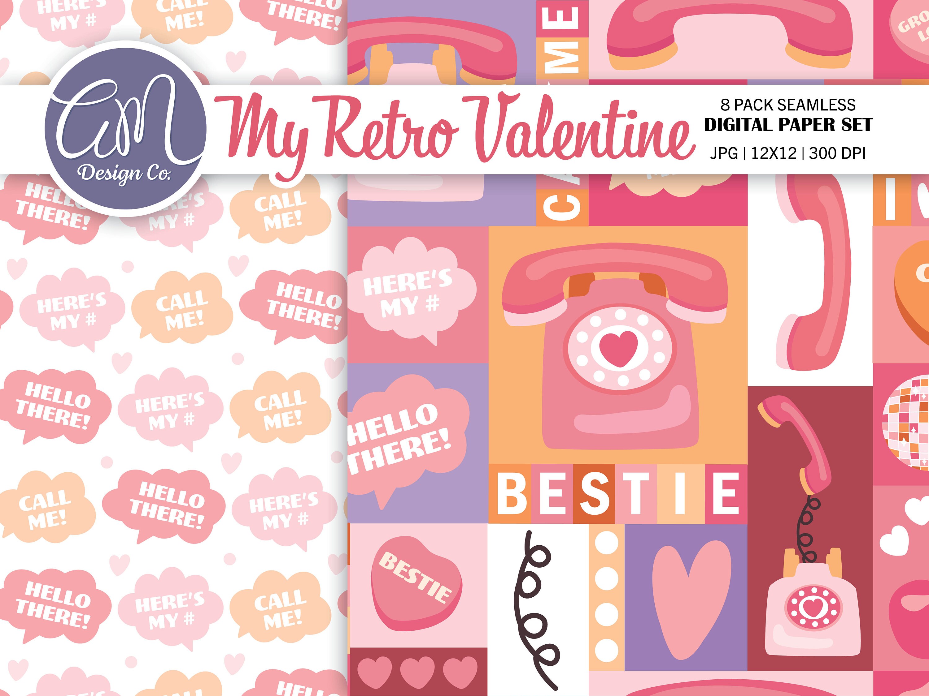 Retro Valentine Digital Paper, Hippie Daisy Seamless Pattern, Cassette ...