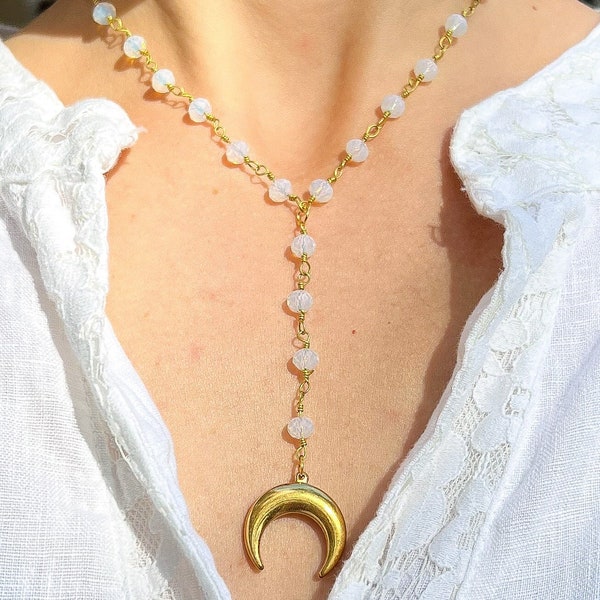 Opalite Crystal Gold Y Necklace/Gemstone Y Necklace/Crystal Beaded Necklace/Rosary Chain Opalite Necklace/Hippie Necklace/Hippy Jewelry/Gift