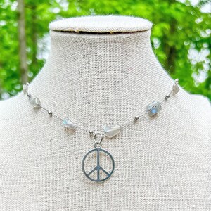 Labradorite Crystal Necklace: Silver Chain Peace Sign Charm