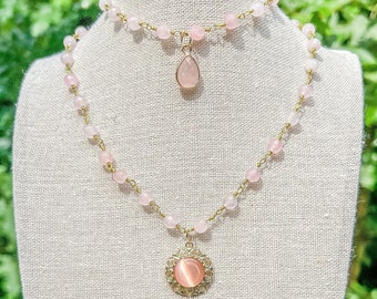 Rose Quartz Crystal Beaded Choker: Gold Wire Wrapped Gemstone Necklace