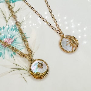 Sun or Moon White Shell Gold Necklaces/Celestial Jewelry/Sun and Moon Pendant Gold Hippie Necklace/Coin Shape Celestial Necklace