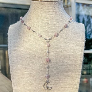 Rose Quartz Y Crystal Necklace/Crystal Jewelry/Crystal Chain Y Necklace/Hippie Chain Necklace/Gemstone Jewelry/Rosary/Boho Crystal Chain