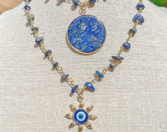 Lapis Lazuli Gold Wire Wrapped Necklace: Crystal Choker with Sun Charm