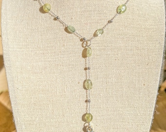 Prehnite Crystal Y Necklace: Silver Crescent Moon, Boho Gemstone