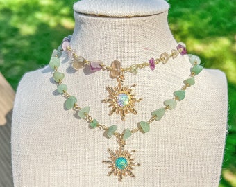 Gold Wire Wrapped Crystal Necklace with Iridescent Sun Charm/Crystal Jewelry/Hippie Choker/Gemstone Choker/Sun Choker/Hippy/Gift for her