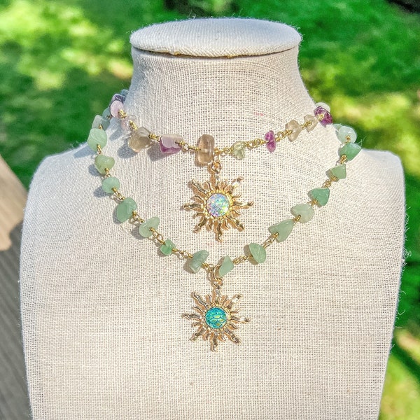 Gold Wire Wrapped Crystal Necklace with Iridescent Sun Charm/Crystal Jewelry/Hippie Choker/Gemstone Choker/Sun Choker/Hippy/Gift for her