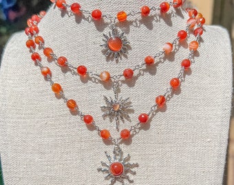 Silver Wire Wrapped Carnelian Choker: Beaded Sun Charm Necklace