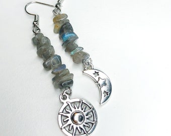 Labradorite Crystal Celestial Drop Earrings/Silver Sun and Moon Drop Earrings/Hippie Earrings/Moon Hippy Earrings/Hippie Jewelry/Boho Gift