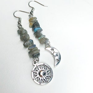 Labradorite Crystal Celestial Drop Earrings/Silver Sun and Moon Drop Earrings/Hippie Earrings/Moon Hippy Earrings/Hippie Jewelry/Boho Gift