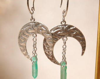 Silver Moon Earrings with Green Aventurine Point | Handmade Celestial Jewelry | Crystal Earrings