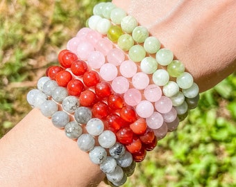 Light Green Jade/Rose Quartz/Carnelian/Labradorite/Wrist Mala/8mm Beaded Bracelets/Hippie Gemstone Bracelets/Stretchy Crystal Bracelet/Gift