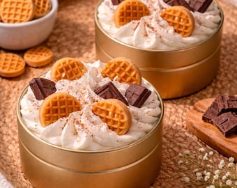 Dessert Candle Waffle Chocolate Whipped Soy Coconut Wax Gold Tin