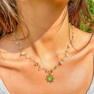 Prehnite Gold Sun Crystal Necklace/Wire Wrapped Choker/Hippie Jewelry/Crystal Necklace/Healing Necklace/Hippy/Boho/Gemstone Jewelry/Gift