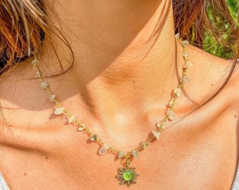 Prehnite Crystal Choker: Gold Sun Charm, Wire Wrapped Necklace