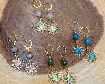 Gold Sun Crystal Earrings/Beaded Crystal Huggies/Crystal Sun Earrings/Boho Sun Earrings/Hippie Jewelry/Jade/Moonstone/Apatite/Crystal Gift