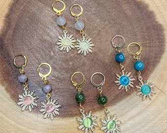 Gold Sun Earrings: Beaded Crystal Huggies with Jade, Moonstone & Apatite