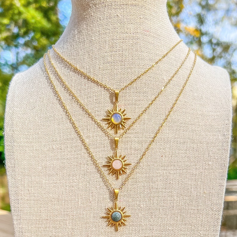 Sun Charm Gemstone Gold Chain Necklace/Opalite/Rose Quartz/Labradorite/Elegant Chain Boho Necklace/Hippie Jewelry/Celestial Necklace/Gift image 1