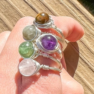 Wire Wrapped Gemstone Rings/Silver Healing Crystals Rings/Hippie Boho Crystal Jewelry/Healing Crystals/Rose Quartz/Amethyst/Labradorite/Gift