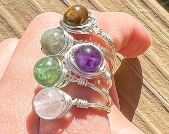 Wire Wrapped Gemstone Rings/Silver Healing Crystals Rings/Hippie Boho Crystal Jewelry/Healing Crystals/Rose Quartz/Amethyst/Labradorite/Gift