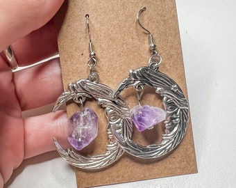Raw Amethyst Stone Moon Earrings/Celestial Crystal Earrings/Silver Moon Earrings/Amethyst Jewelry/Hippie Boho Moon Earrings/Gemstone