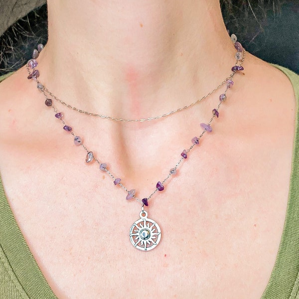 Delicate Amethyst Silver Chain Crystal Necklace/Gemstone Necklace/Amethyst Jewelry/Hippie Jewelry/Hippie Crystal Necklace/Sun Necklace/Gift