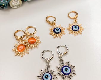 Gold Plated Sun Earrings: Boho Hippie Huggies/Celestial/Evil Eye