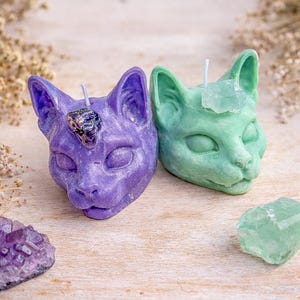 Vela de gato de cristal/Cera de soja y coco hecha a mano con amatista o prehnita/Vela sin recipiente
