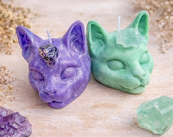 Candela di cristallo a forma di gatto/Cera di soia e cocco fatta a mano con ametista o prehnite/Candela senza contenitore