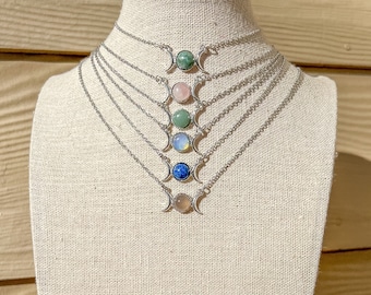 Crystal Charm Necklace: Moon Sun Stone, Silver Chain, Hippy Gift
