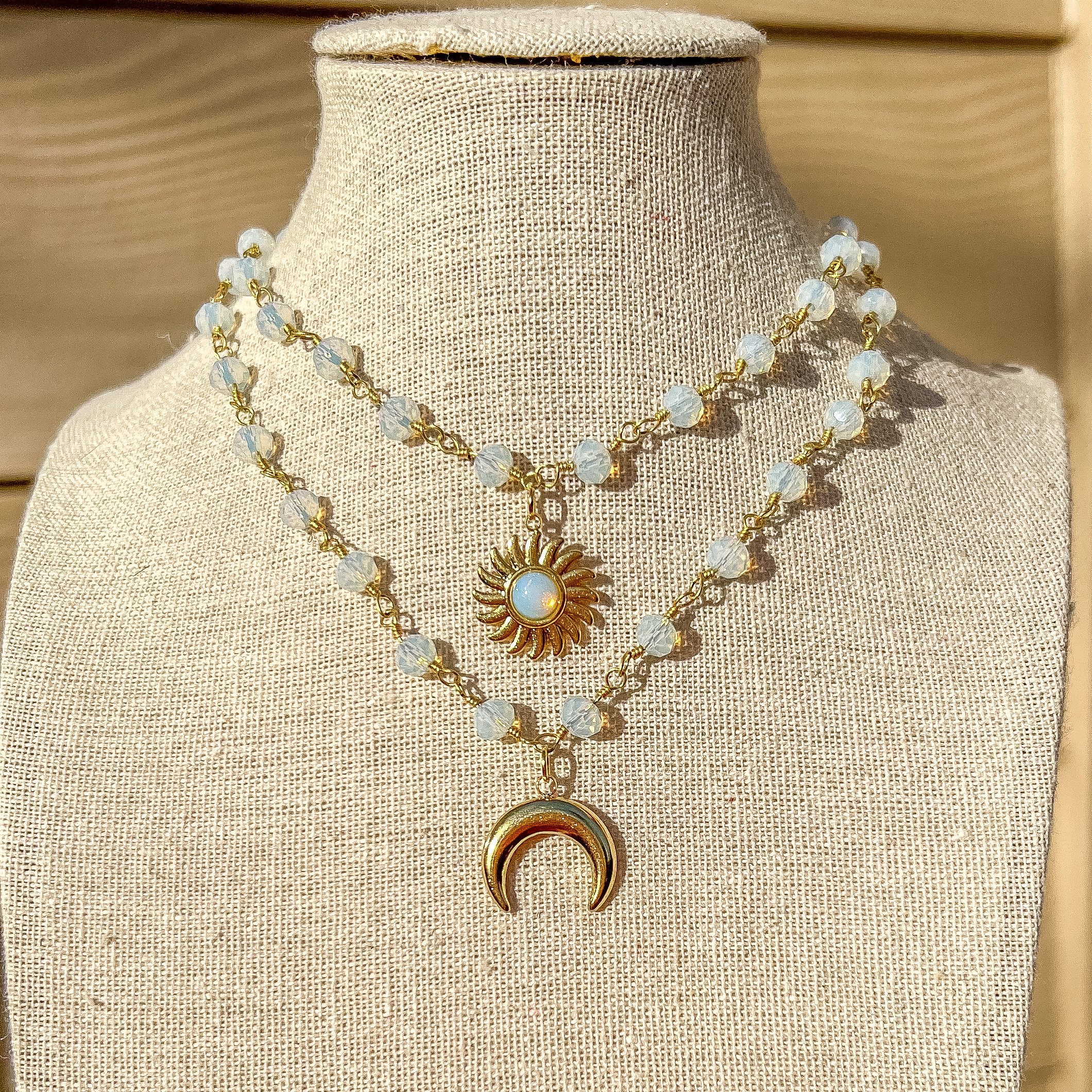 Sun or Moon Opalite Crystal Necklace/Rosary Crystal Chain/Wire Wrapped Gemstone Necklace/Hippie Choker/Hippy Jewelry/Round Bead Choker/Gift