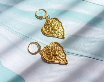 Gold Heart Dangle Huggies: Boho Charm Earrings