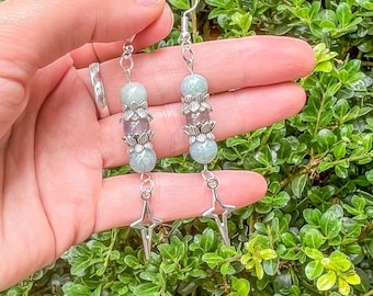 Burmese Jade+Labradorite Beaded Star Earrings/Celestial Crystal Earrings/Silver Drop Crystal Earrings/Hippie Jewelry/Hippy/Boho/Gift for her