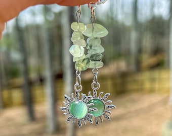 Prehnite Crystal Green Sun Silver Drop Earrings/Gemstone Earrings/Sun Huggies/Hippie Earrings/Hippie Boho Jewelry/Handmade Jewelry/Hippy
