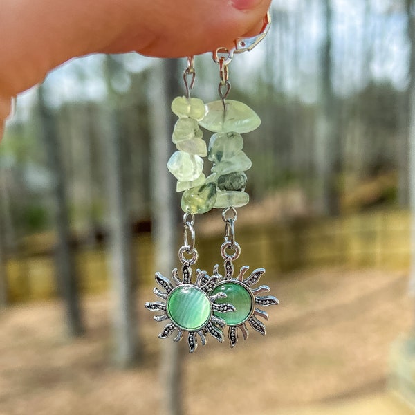 Prehnite Crystal Green Sun Silver Drop Earrings/Gemstone Earrings/Sun Huggies/Hippie Earrings/Hippie Boho Jewelry/Handmade Jewelry/Hippy