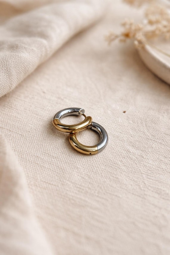Two Tone Stainless Steel Huggie Hoop Earrings, Mixed Metal Minimalist Hoops