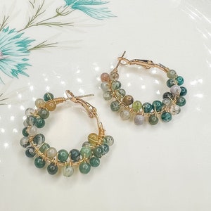Indian Agate Wire Wrapped Gold Hoops/Crystal Beaded Gold Earrings/Gemstone Hoop Earrings/Agate Hippie Earrings/Boho/Hippy Jewelry/Gift