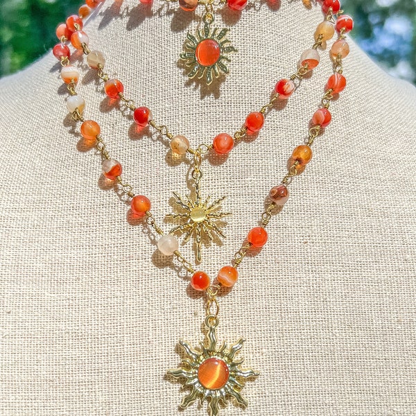 Carnelian Sun Charm Wire Wrapped Gold Necklace/Crystal Beaded Gold Sun Choker/Gemstone Necklace/Sun Choker/Hippie Choker/Crystal Jewelry