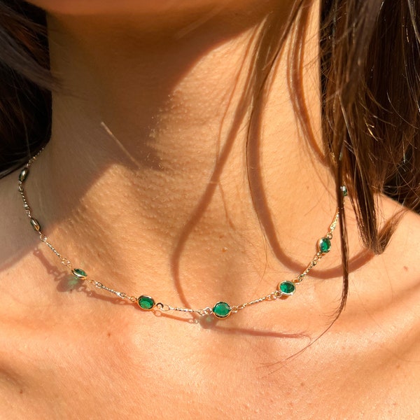 Emerald Green Rhinestone Gold or Silver Choker/Necklace/Hippie Necklace/Crystal Jewelry/Boho Choker/Elegant Everyday Jewelry/Hippy/Gift