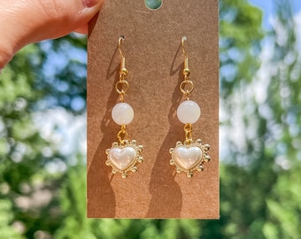 Moonstone Heart Beaded Earrings: Gold Plated Boho Jewelry