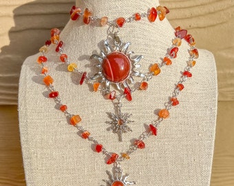 Silver Wire Wrapped Carnelian Choker: Boho Sun Charm Necklace