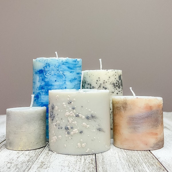 Handmade Pillar candles decorated by little children's hands/Super Lightly Scented to No scented/Soy Coconut Candle/Mica Powder Candle/Gift