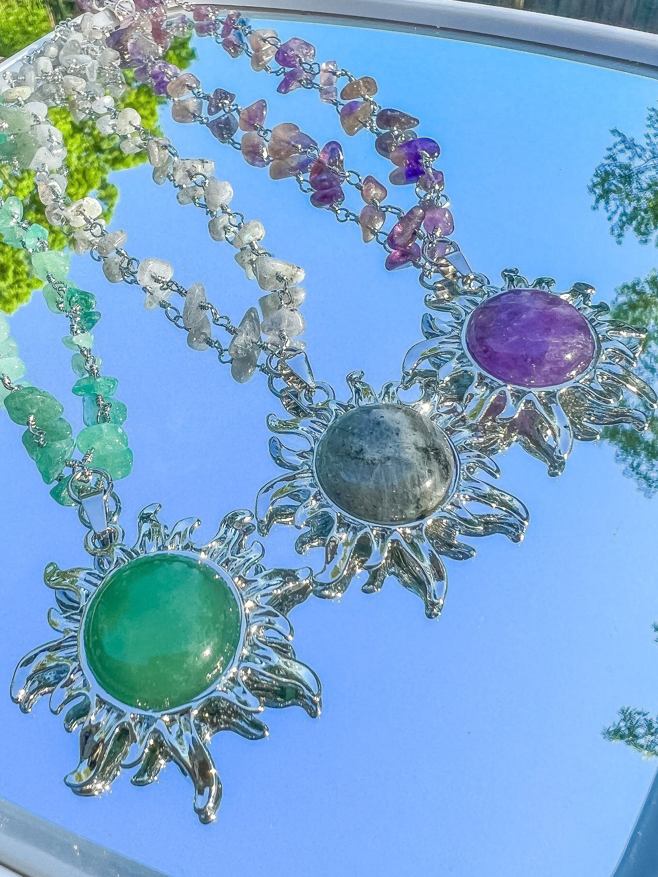 Crystal Sun Necklace: Amethyst, Labradorite, Aventurine, Boho Charm