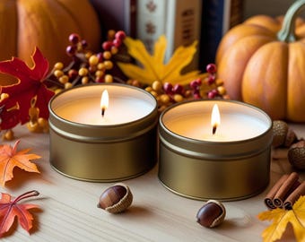 Fall Scented Soy Candle: Antique Gold Tin, Vegan, Choose Scent & Color