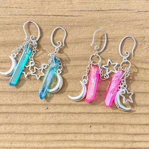 Iridescent Quartz Crystal Drop Earrings/Celestial Silver Crystal Earrings/Dangle Witchy Hippie Earrings/Moon and Star Gemstone Earrings/Gift