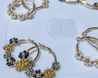 Wire Wrapped Flower Hoop Earrings: Gold Plated Daisy Jewelry